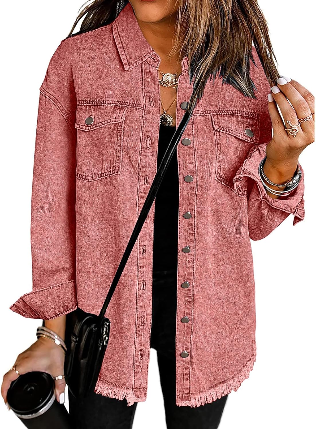 Oversized Button Up Frayed Hem Shacket for Women - Denim Jacket