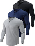 3 Pack Mens Waffle Henley Thermal Long Sleeve Shirts for Men - Slim