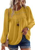 Womens Crewneck Crochet Lace Boho Blouse - Flowy Lace Hem Falechay