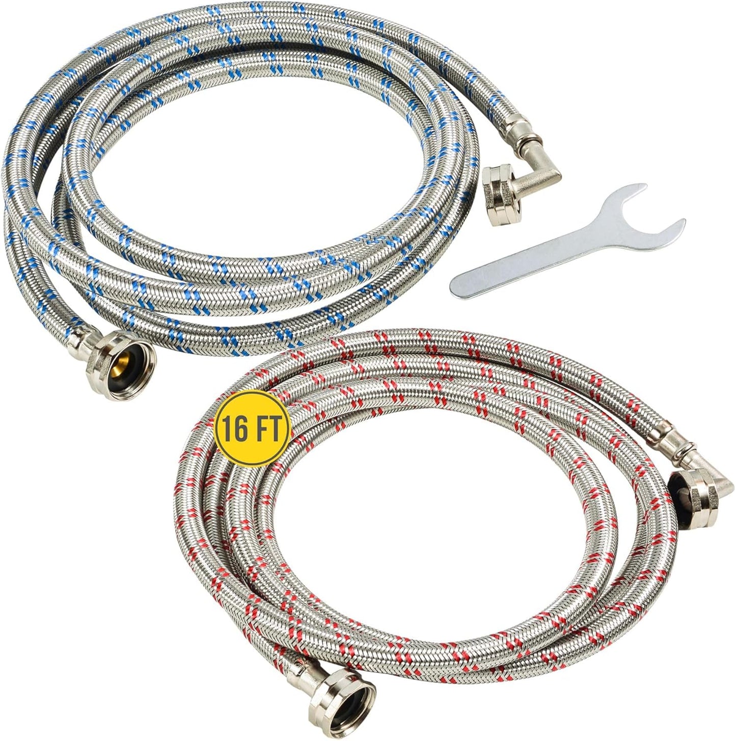 16FT Braided Stainless Steel Washer Hoses - Burst Proof - 2 Pack