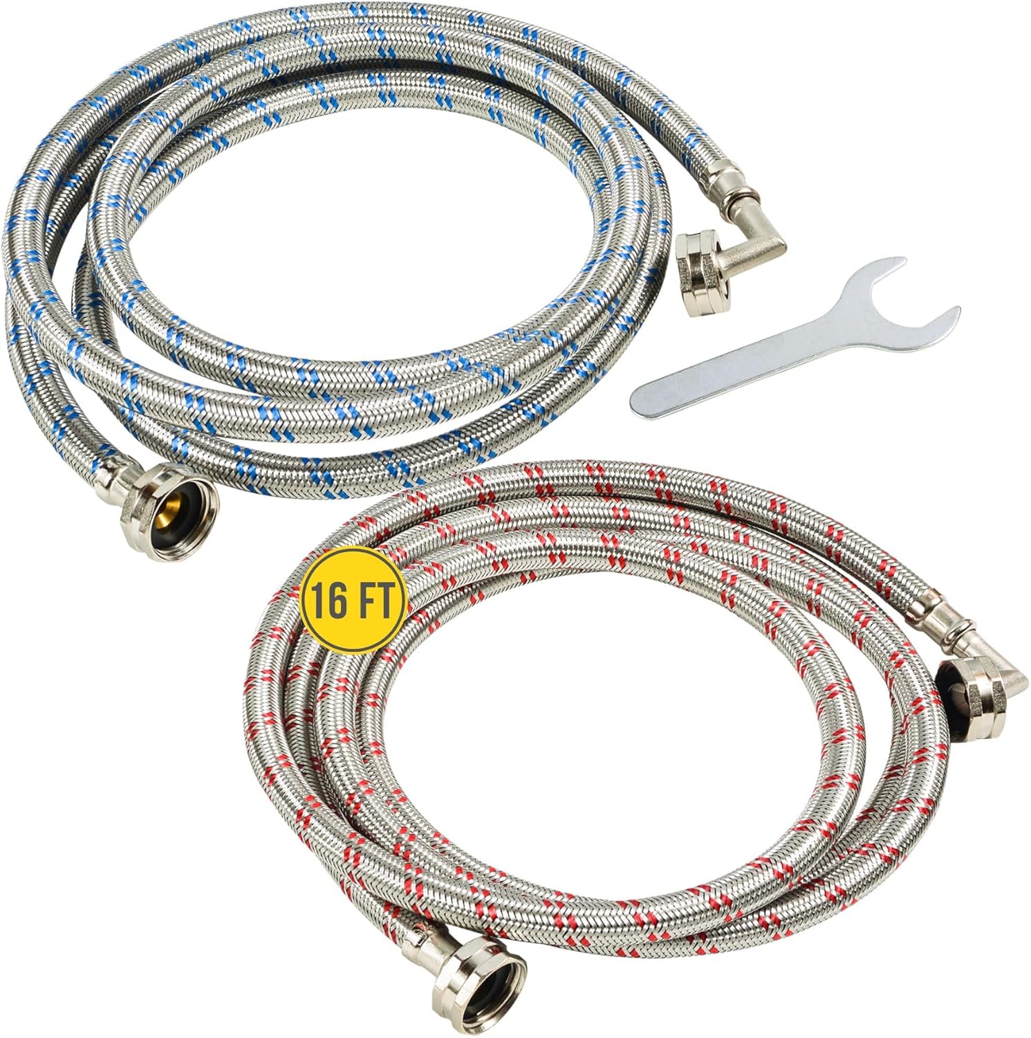 16FT Braided Stainless Steel Washer Hoses - Burst Proof - 2 Pack