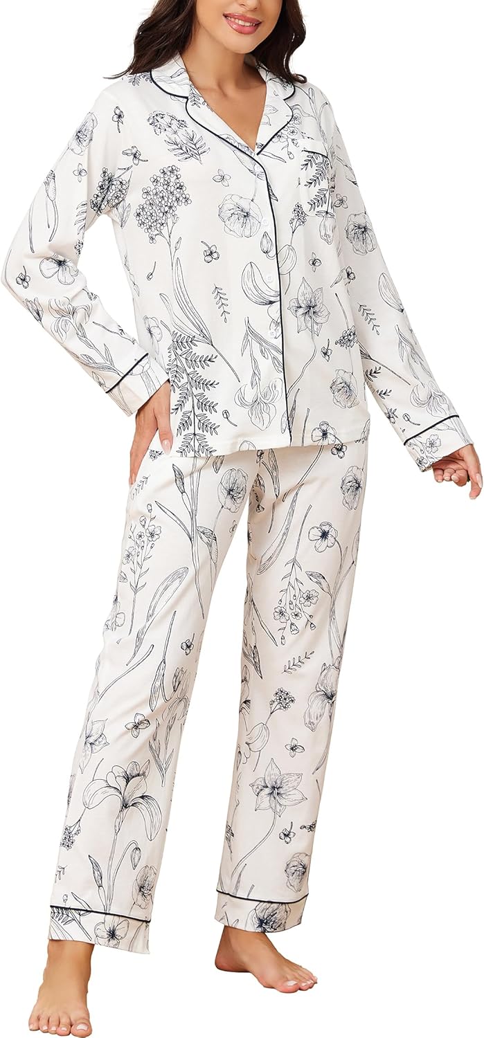LUBOT 100% Cotton Pajamas for Women Soft Button-Down Set