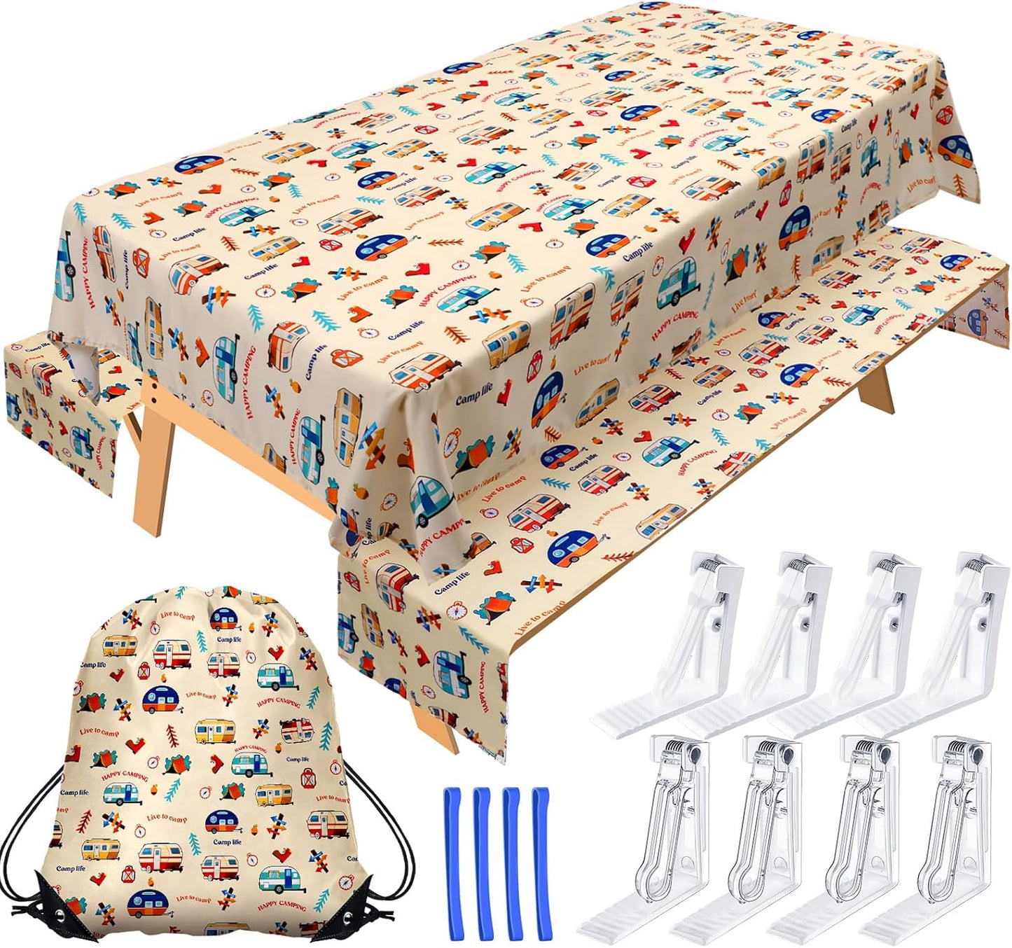 Tudomro Camping Tablecloth Set for 4ft to 7ft Picnic Tables