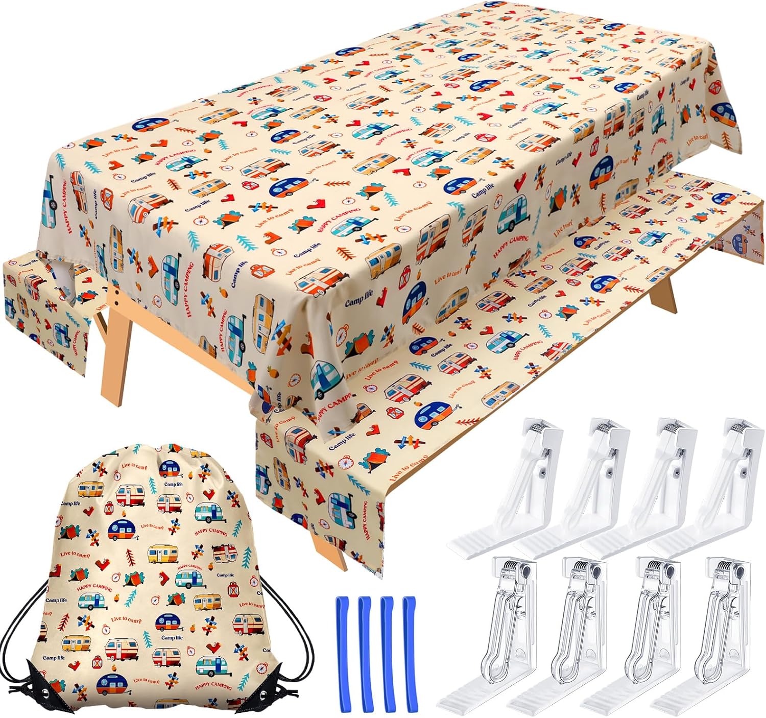 Tudomro Camping Tablecloth Set for 4ft to 7ft Picnic Tables