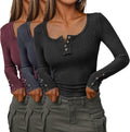 SUNBS Womens Long Sleeve Henley Shirts 3-Pack - Comfortable Ribbed