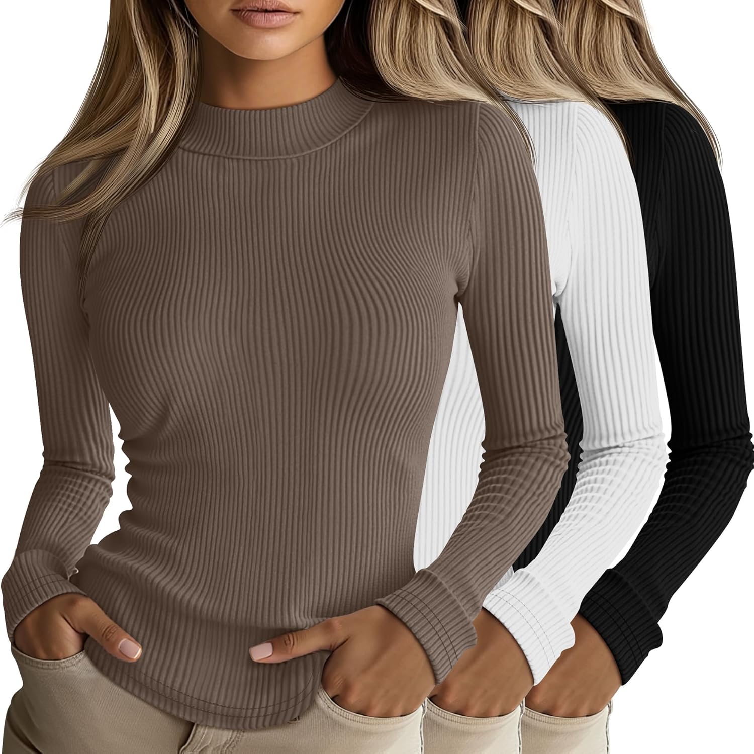 Riyiper 3 Pack Women's Mock Turtleneck Long Sleeve Tops