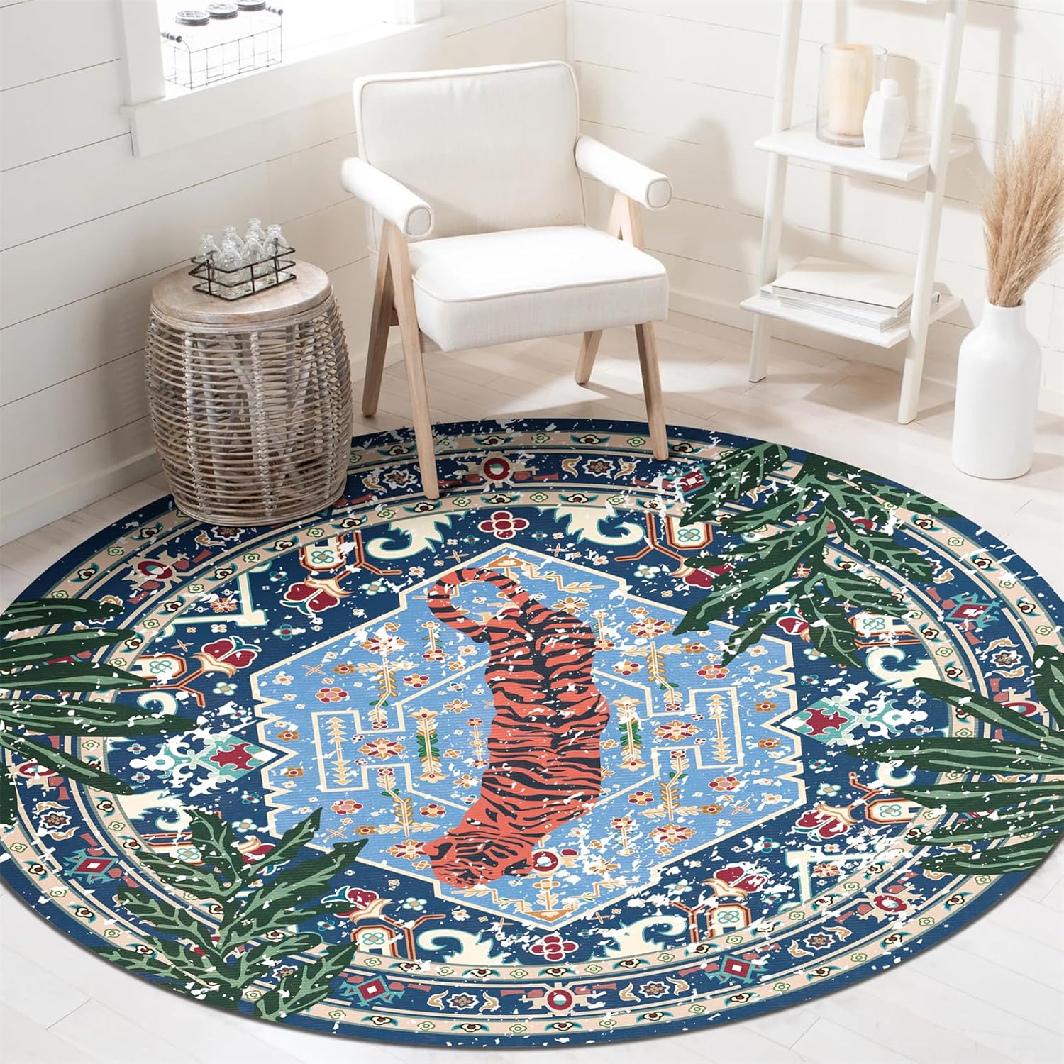 Washable Blue Rugs Thin Vintage Tropical Leopard 4ft Round Area Rugs