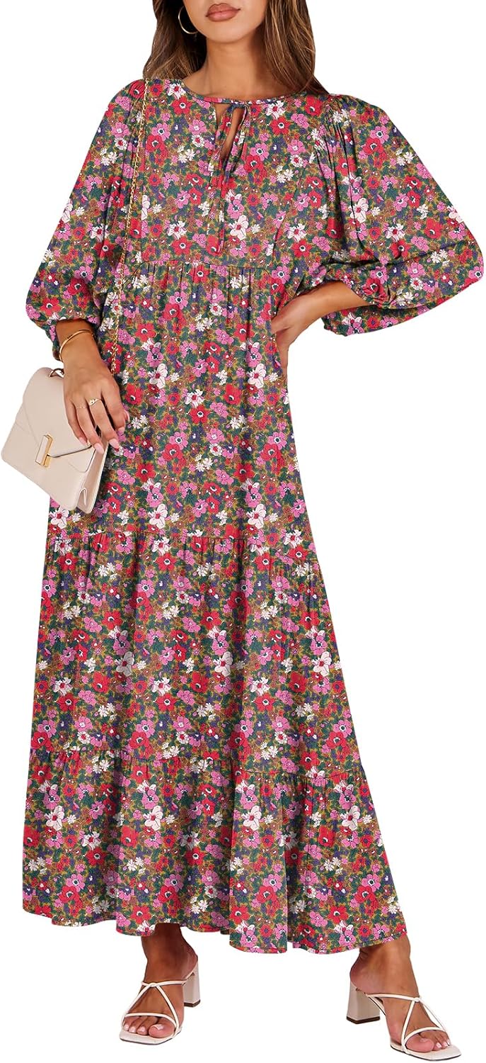 Boho Maxi Dresses for Women - Floral V Neck Puff Sleeve Style