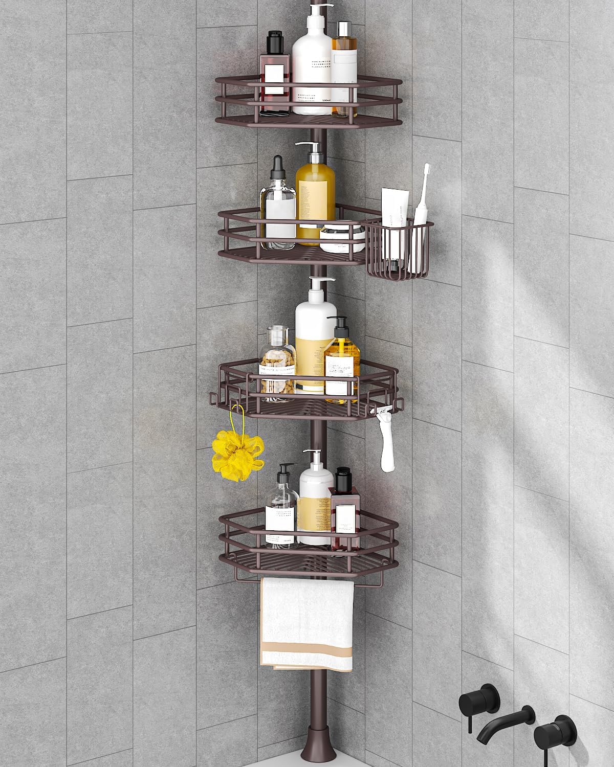 SEIRIONE Corner Shower Caddy Tension Pole with 4 Adjustable Shelves