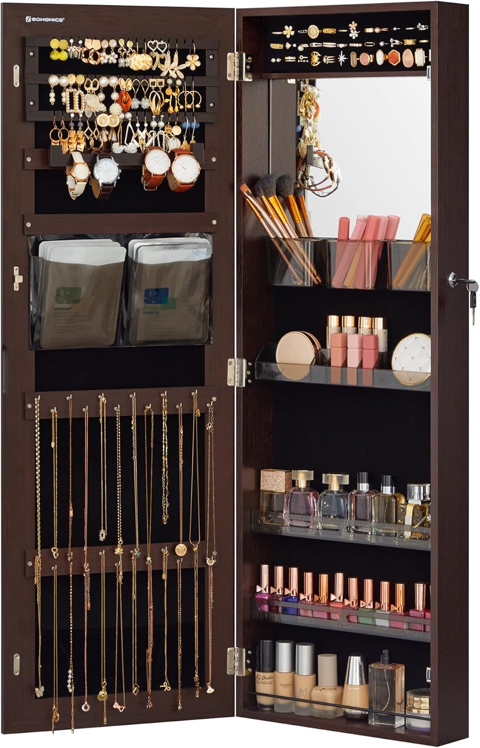 SONGMICS Jewelry Cabinet Armoire with Full-Length Mirror and Lock