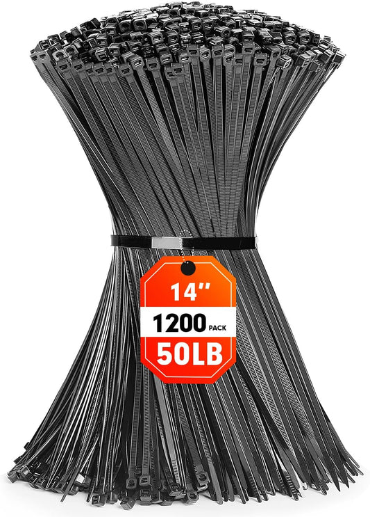 RAZCC 1200pcs 14 Black Cable Ties - Strong Self-Locking Zip Wire for Indoors & Outdoors