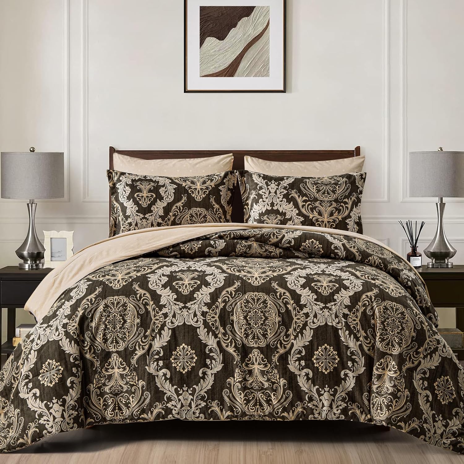 WONGS BEDDING 7 Pieces King Size Comforter Set for All Seasons