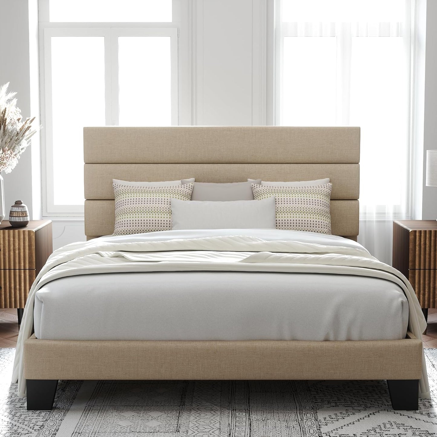 Allewie Queen Size Platform Bed Frame with Upholstered Headboard