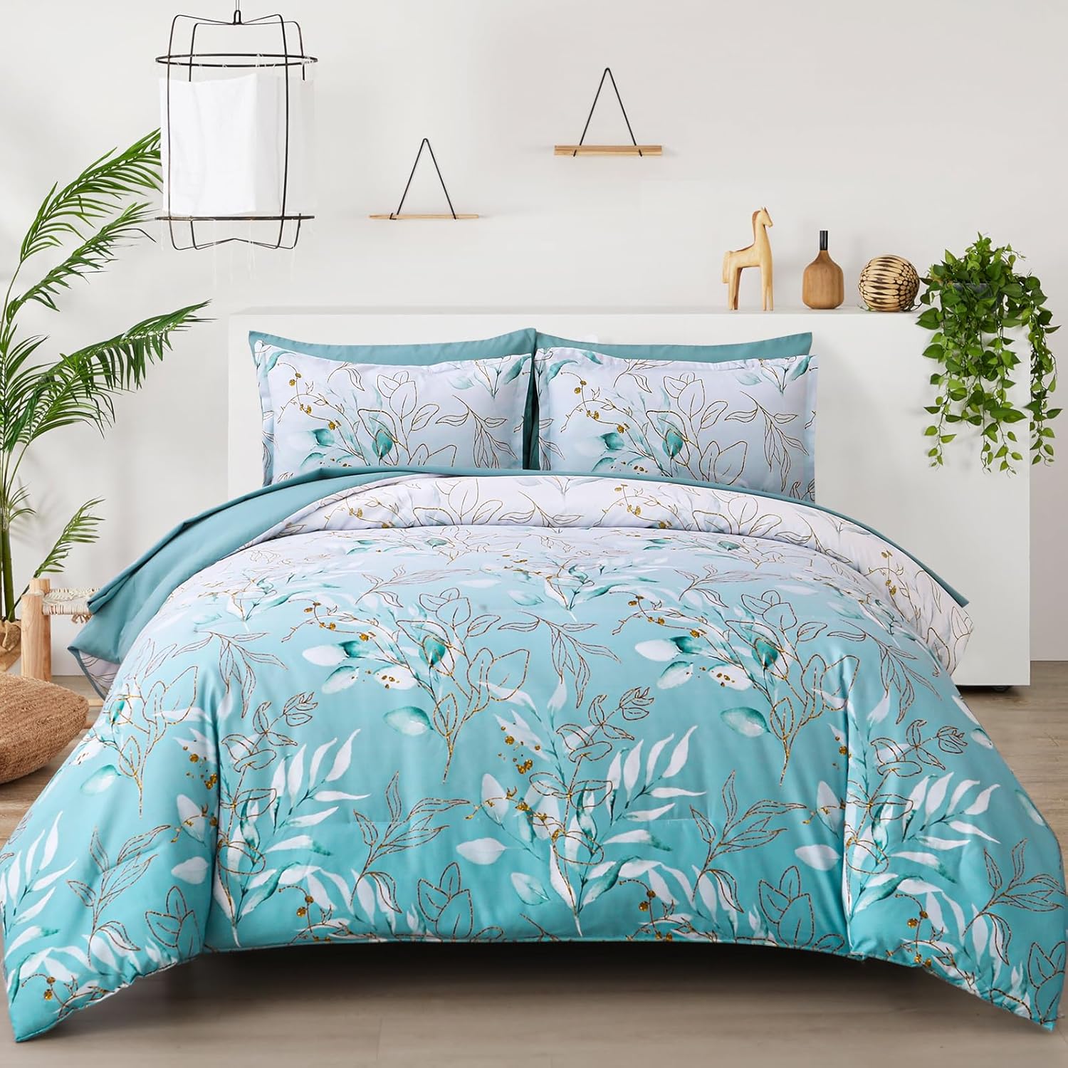 Aqua Comforter Set King Size with Botanical Design for All Seasons