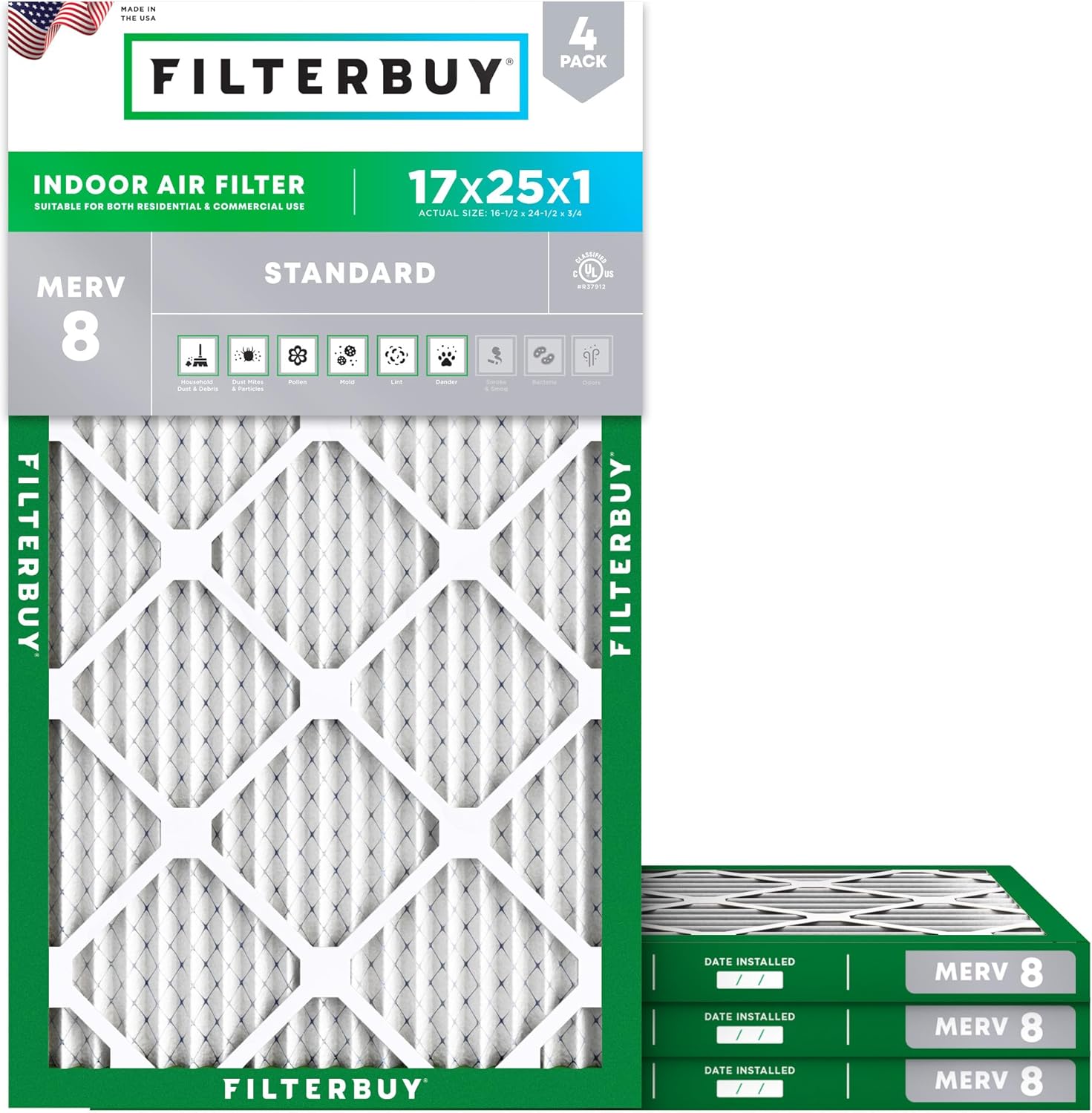 Filterbuy 17x25x1 Air Filter MERV 8 for Dust & Allergy Defense