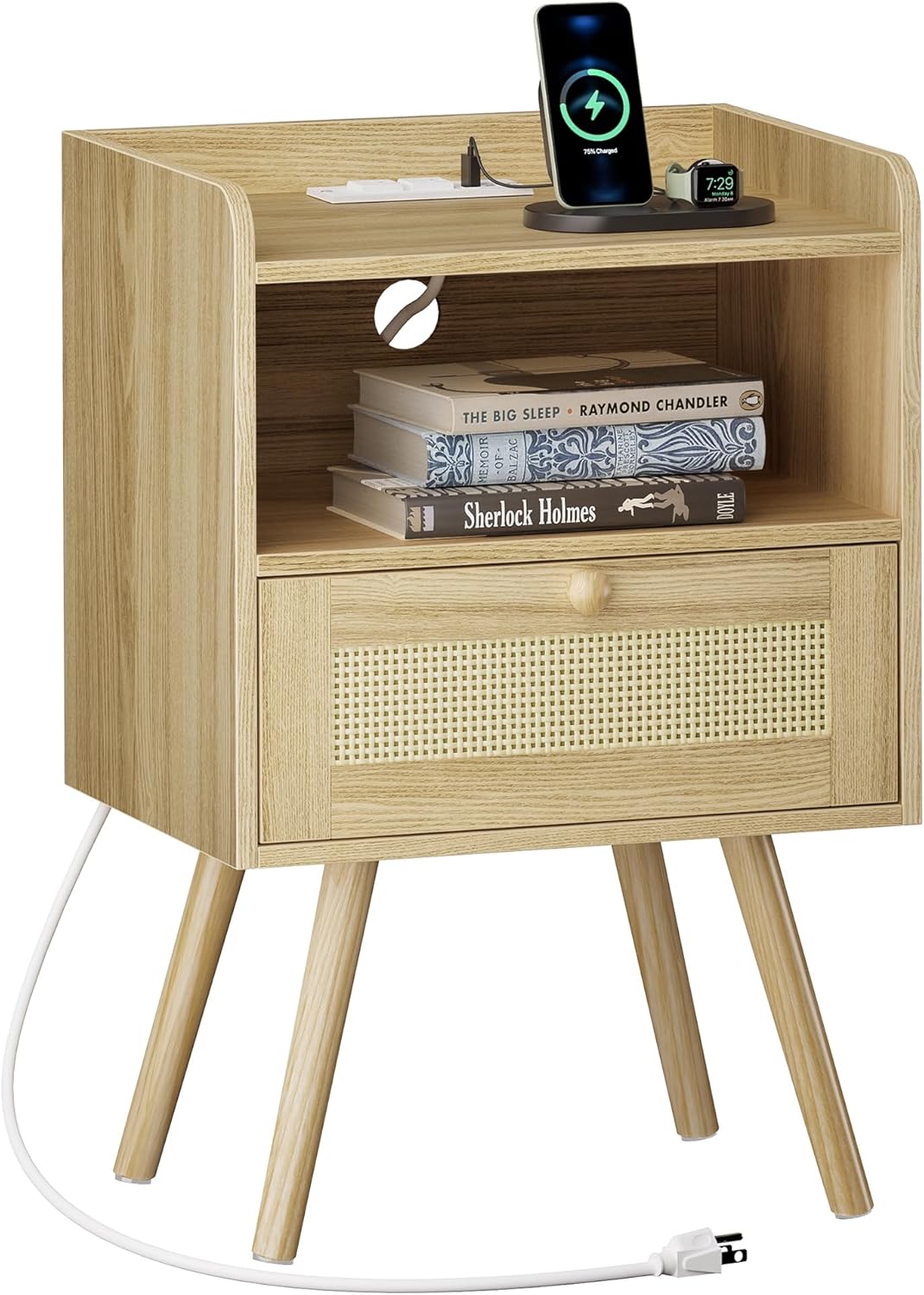 SUPERJARE Nightstand with Charging Station & Rattan Decor