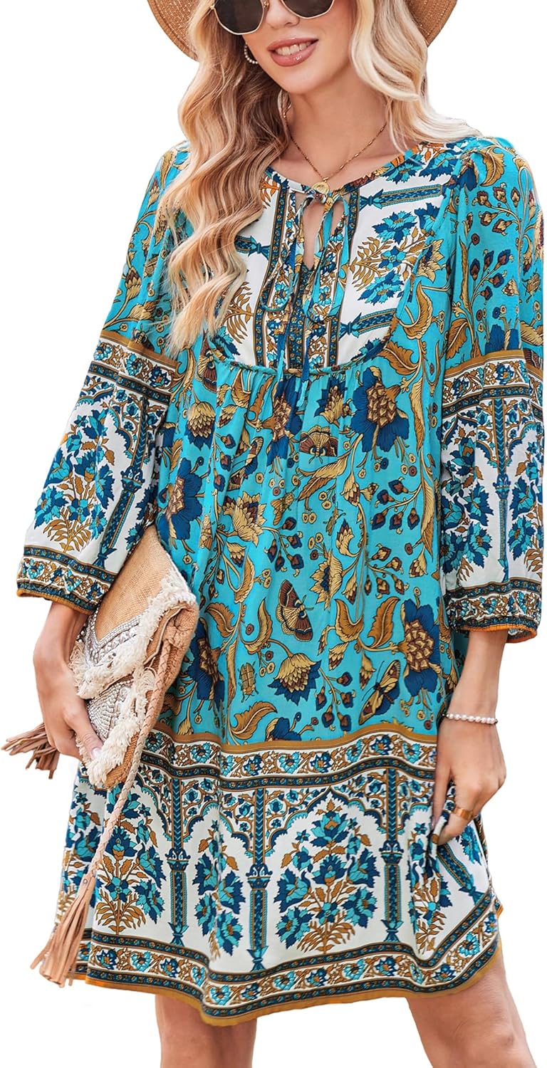 Bluetime Women Casual Summer Dress Boho V Neck Floral Print