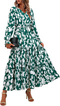 Women Fall Floral Maxi Dress V Neck Long Sleeve - Casual Boho