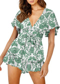 Stylish Floral Print Romper with Deep V-Neck and Ruffle Hem