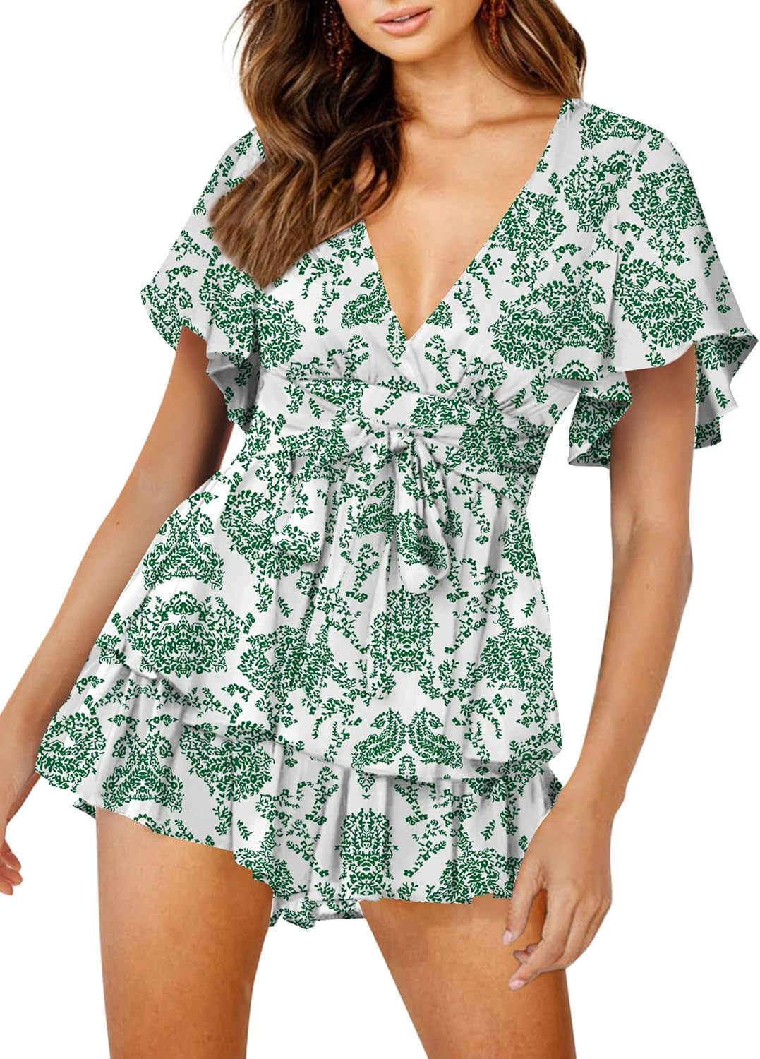 Floral Print Deep V-Neck Romper with Ruffle Hem for Summer