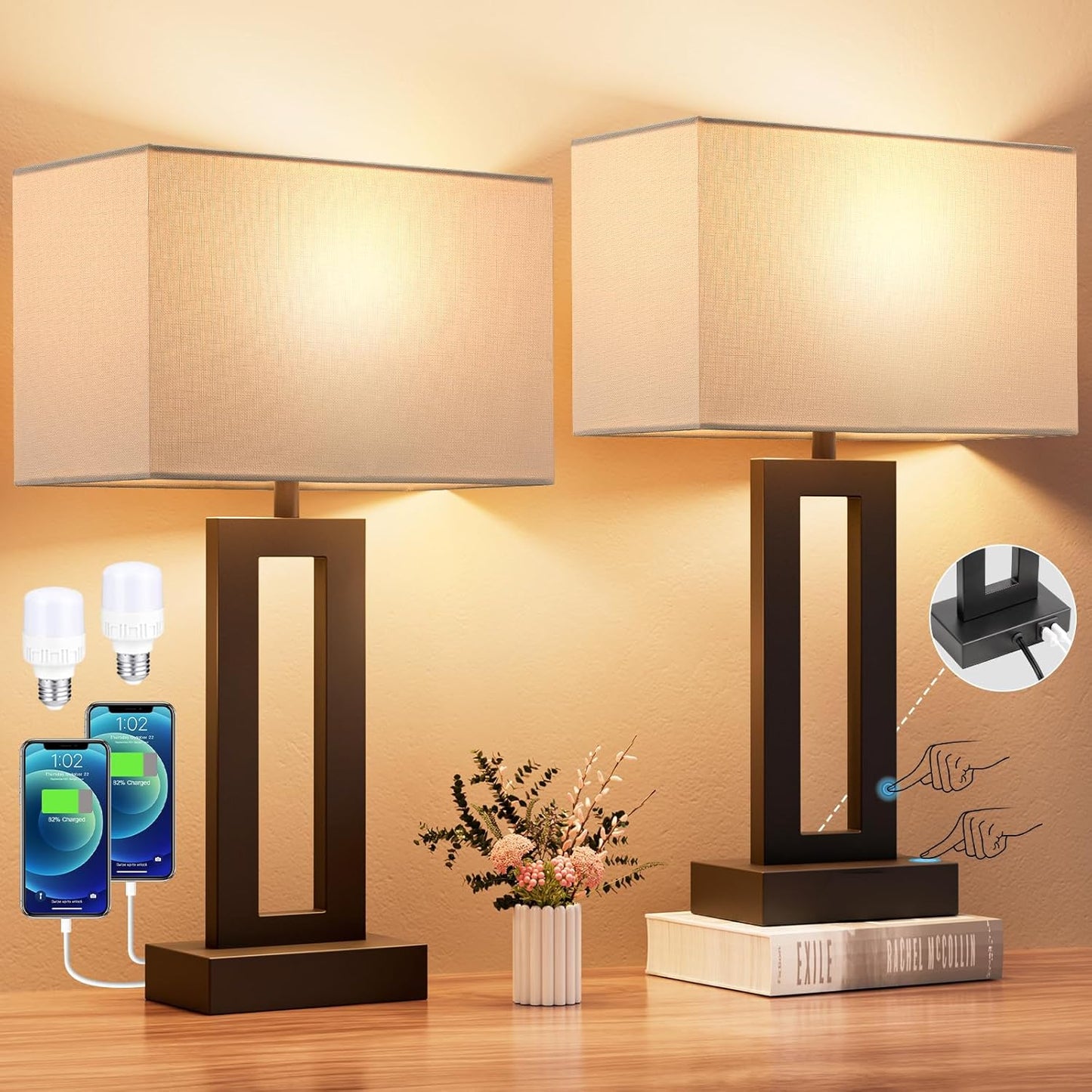 Touch Control Nightstand Table Lamps Set of 2 with USB Ports