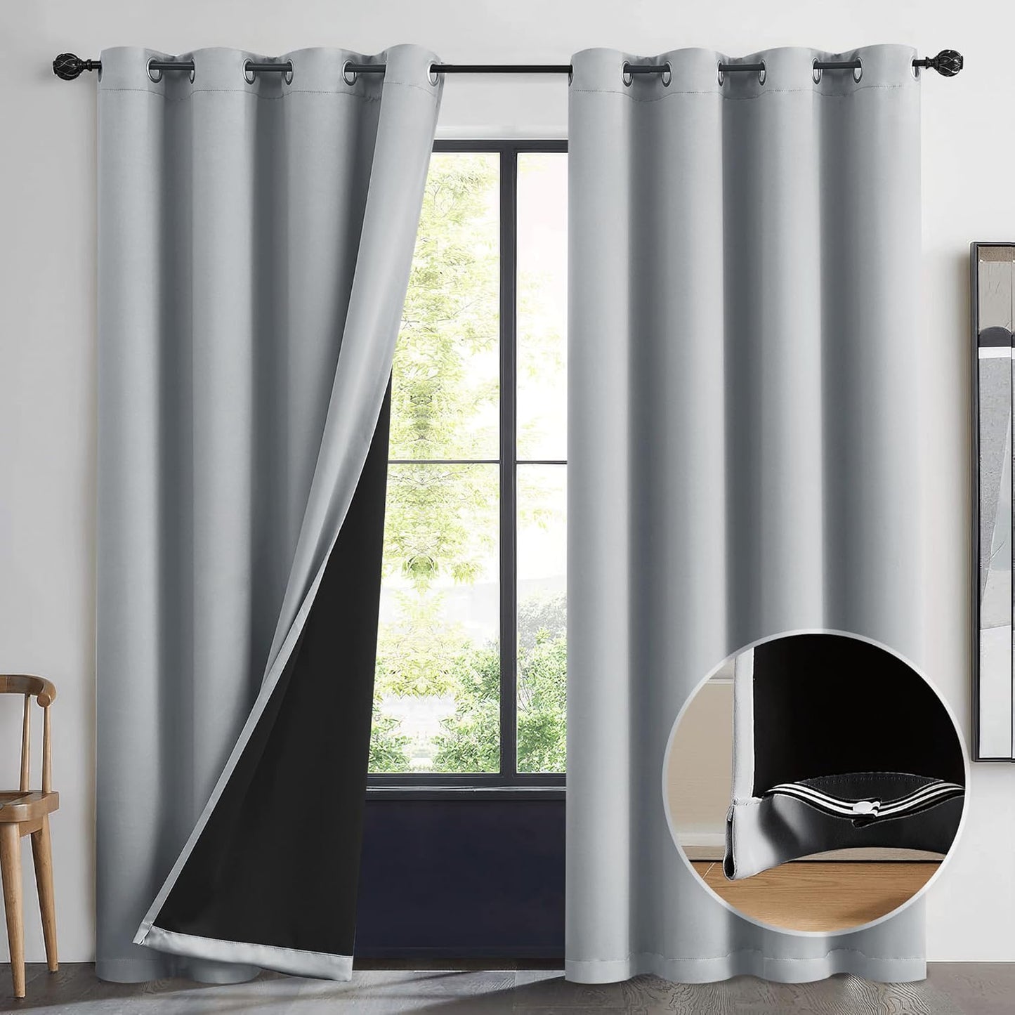 Beauoop Grey 100% Blackout Curtains for Bedroom and Living Room