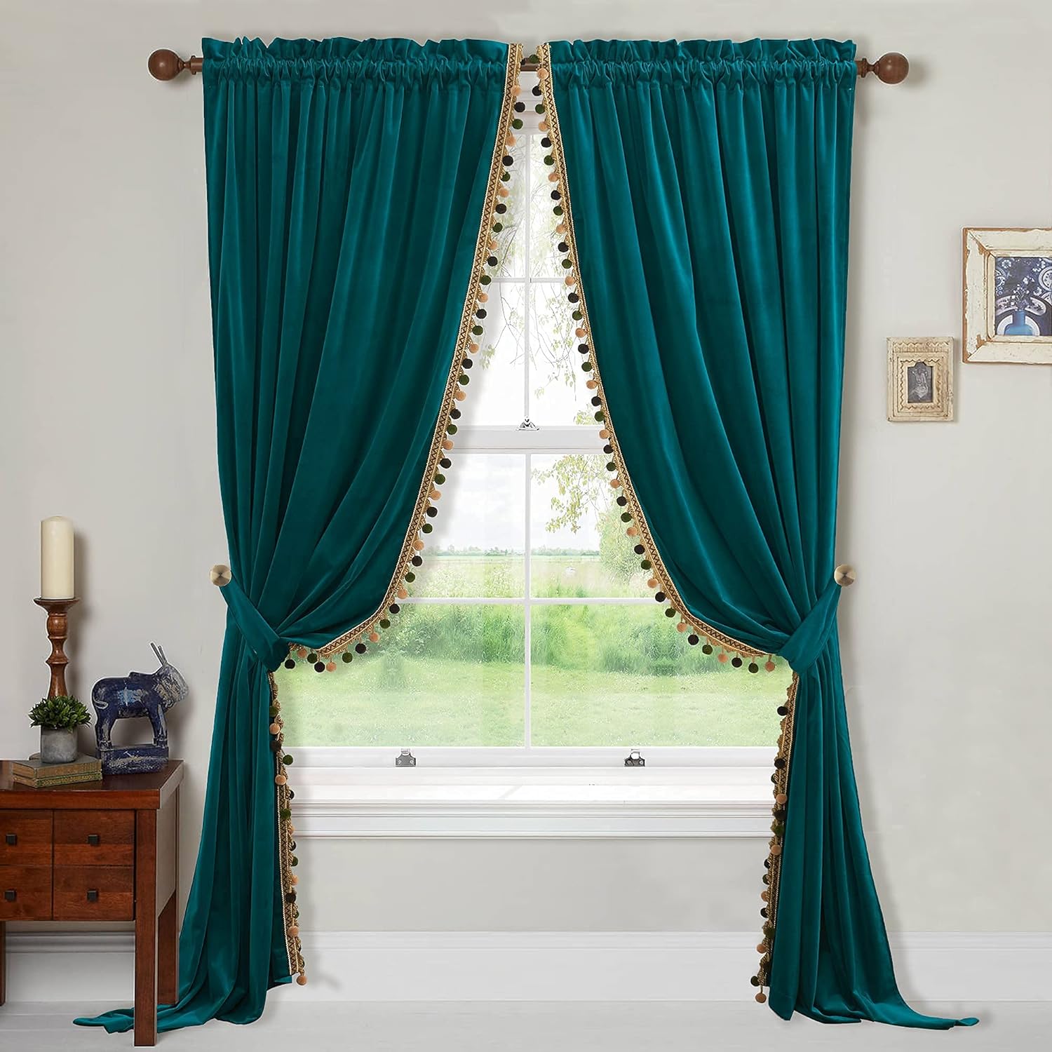 Peacock Pom Pom Velvet Curtains - Ultimate Luxury