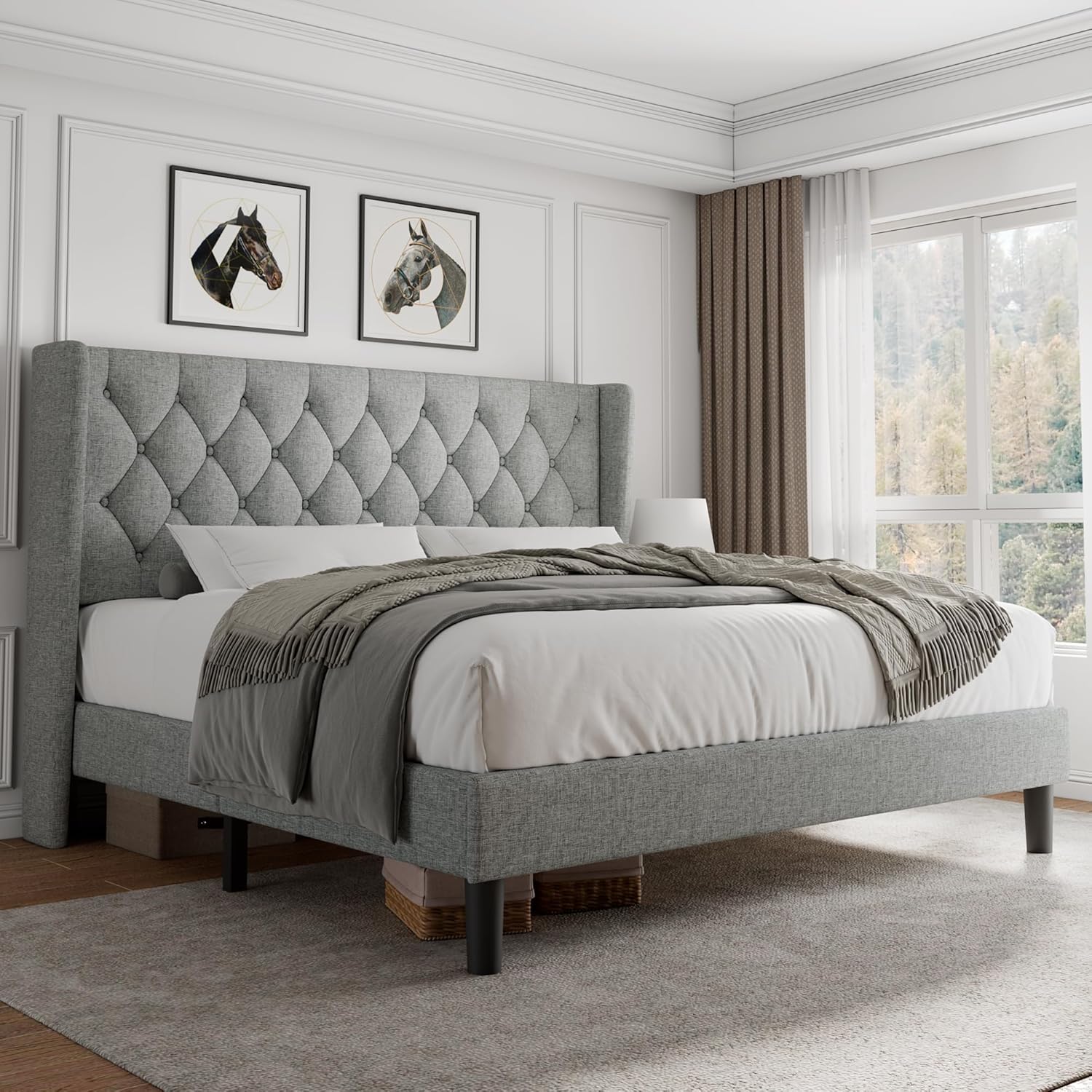 iPormis King Size Platform Bed Frame with Tufted Headboard