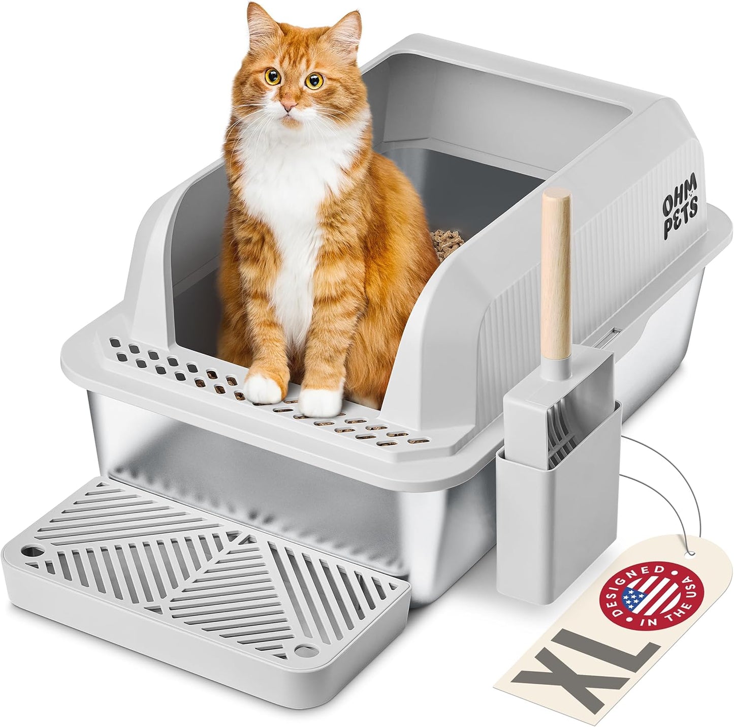 OHM Pets XL Cat Litter Box - Stainless Steel, Non-Stick Design