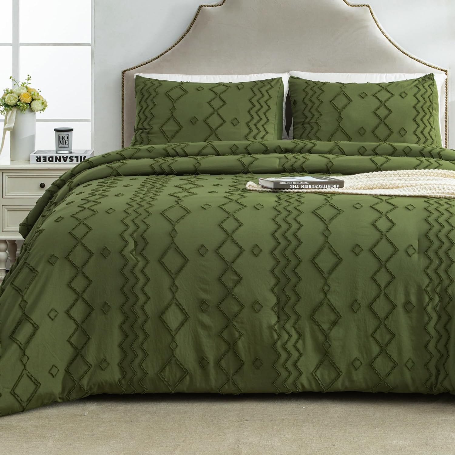 Andency Olive Green Tufted Comforter Set Queen for Cozy Sleep