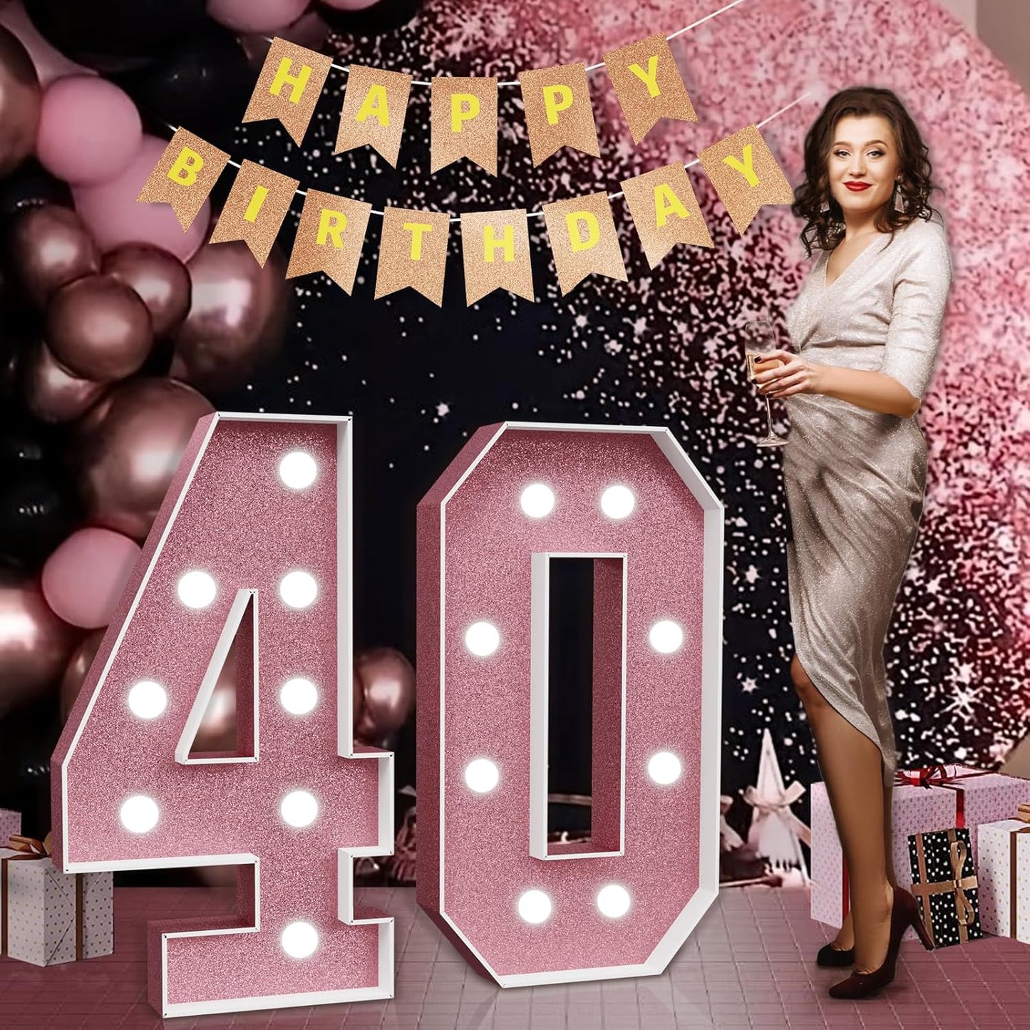 Pink Light Up Number 40 for 40th Birthday Decorations
