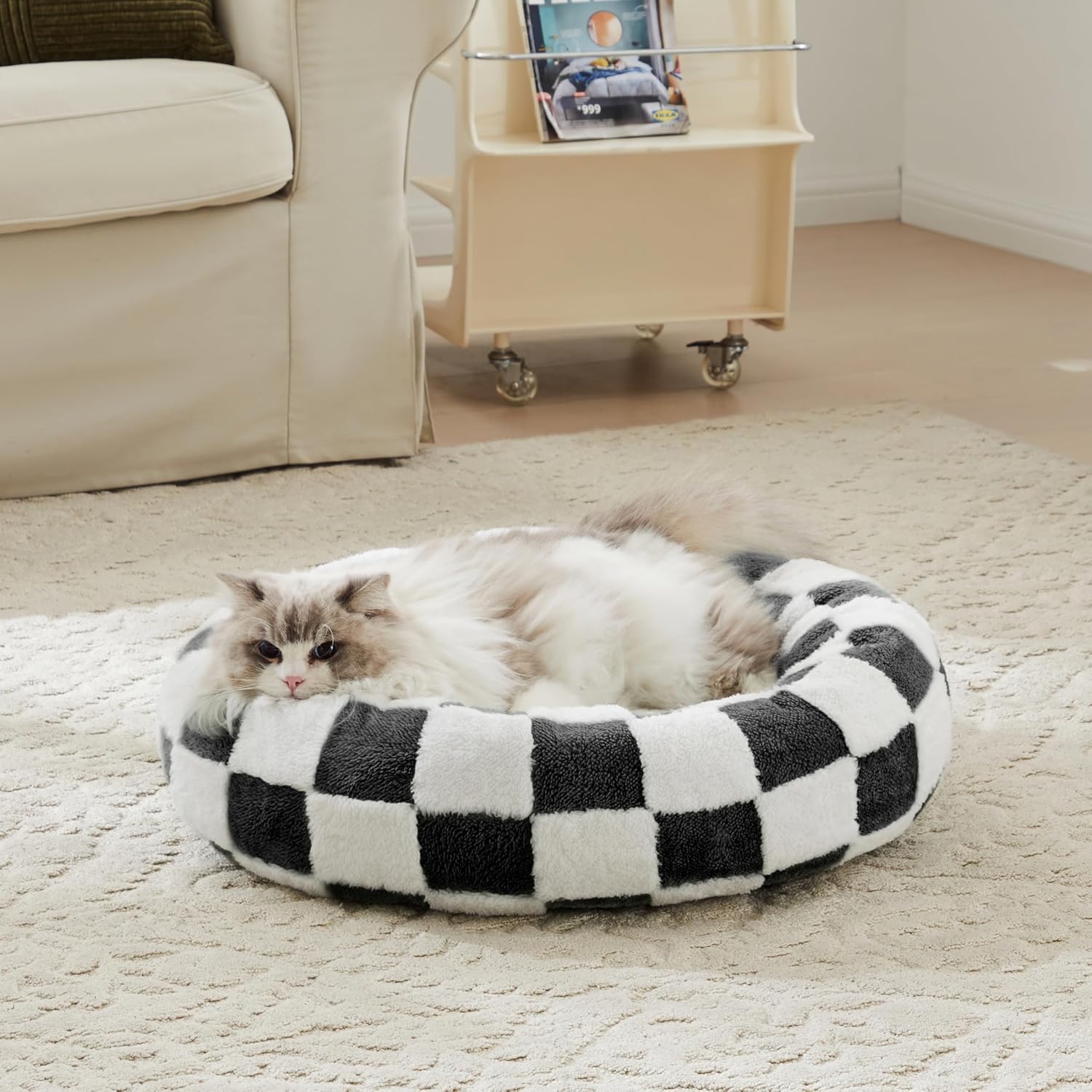 Checkered Cat Dog Bed for Small Pets, Cozy Plush Donut Design
