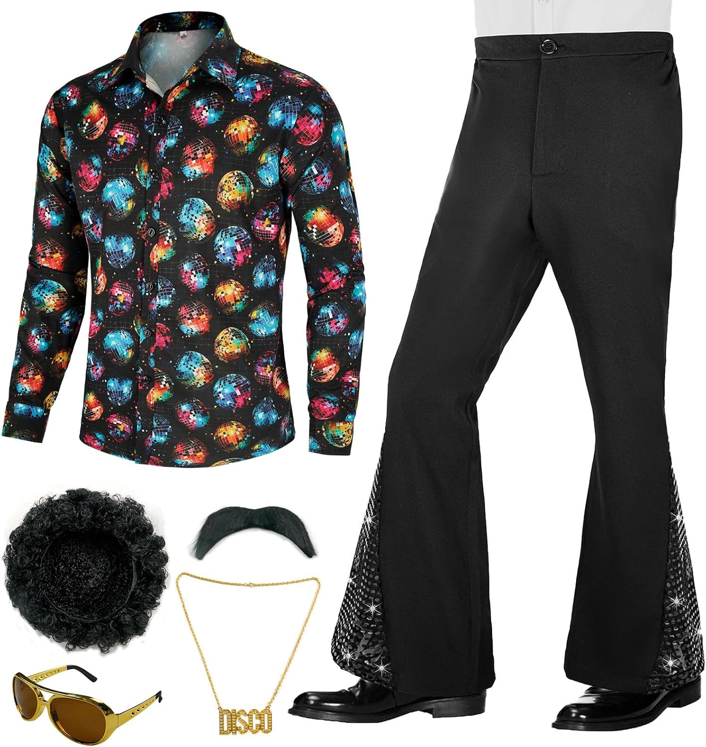70s Outfits for Men Disco Costume with Bell Bottom Pants Set