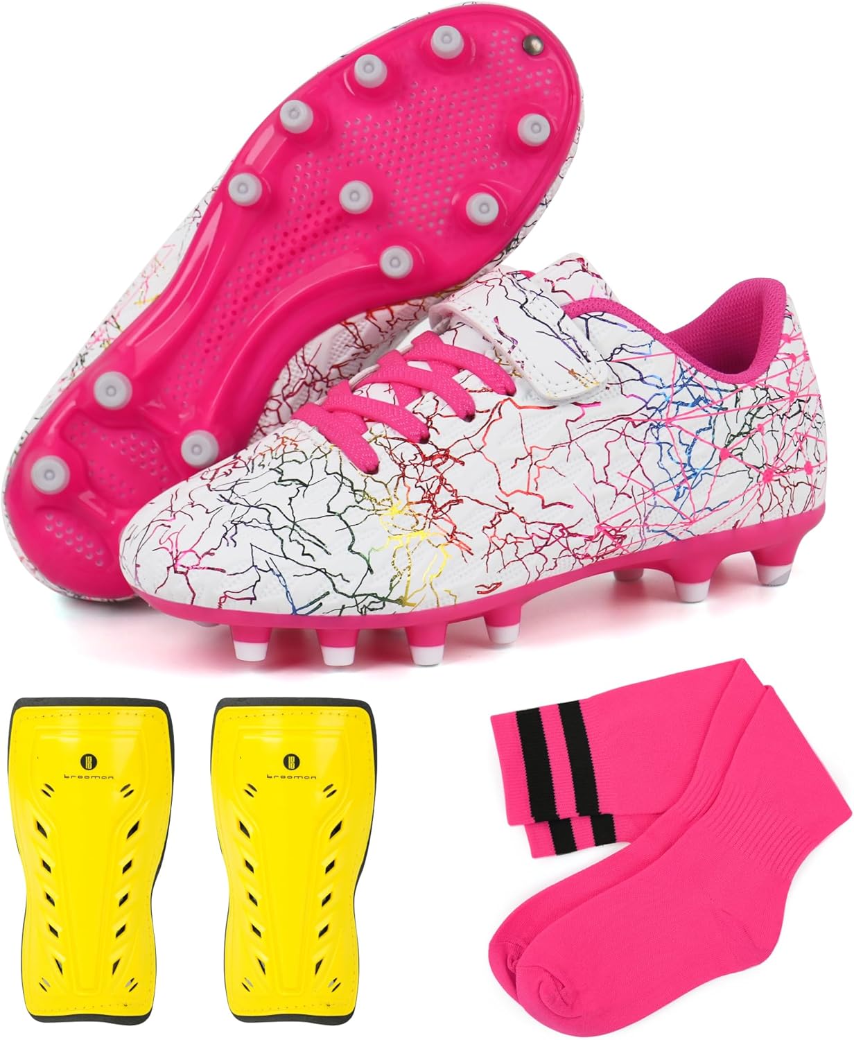 brooman Kids Firm Ground Soccer Cleats with Shin Guards & Socks