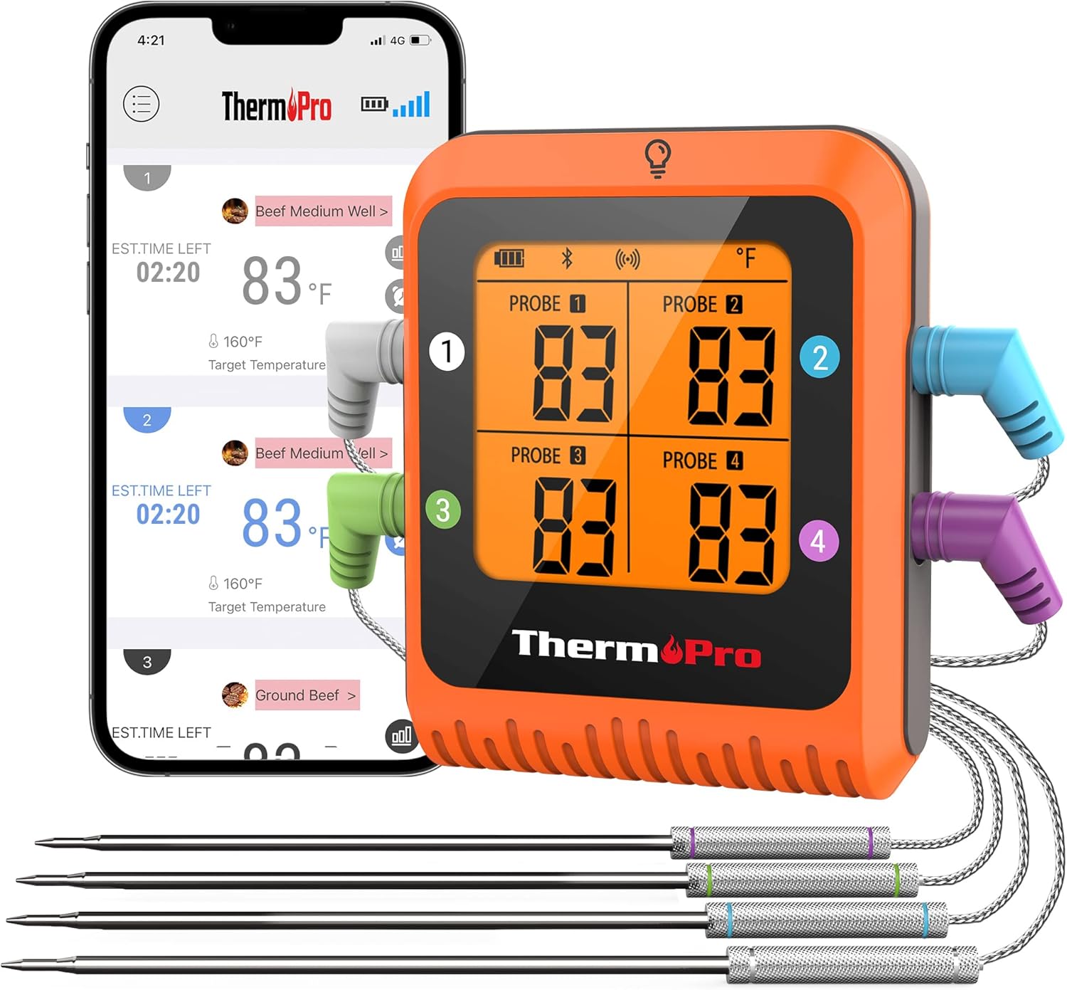 ThermoPro Bluetooth Meat Thermometer with 4 Color-Coded Probes