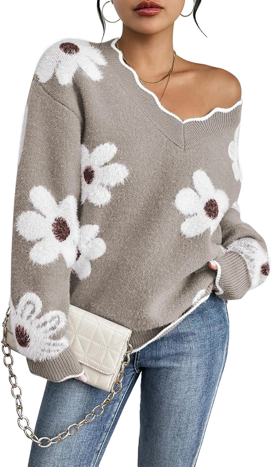 Pink Queen Women's Oversized V Neck Fuzzy Sweaters for Style