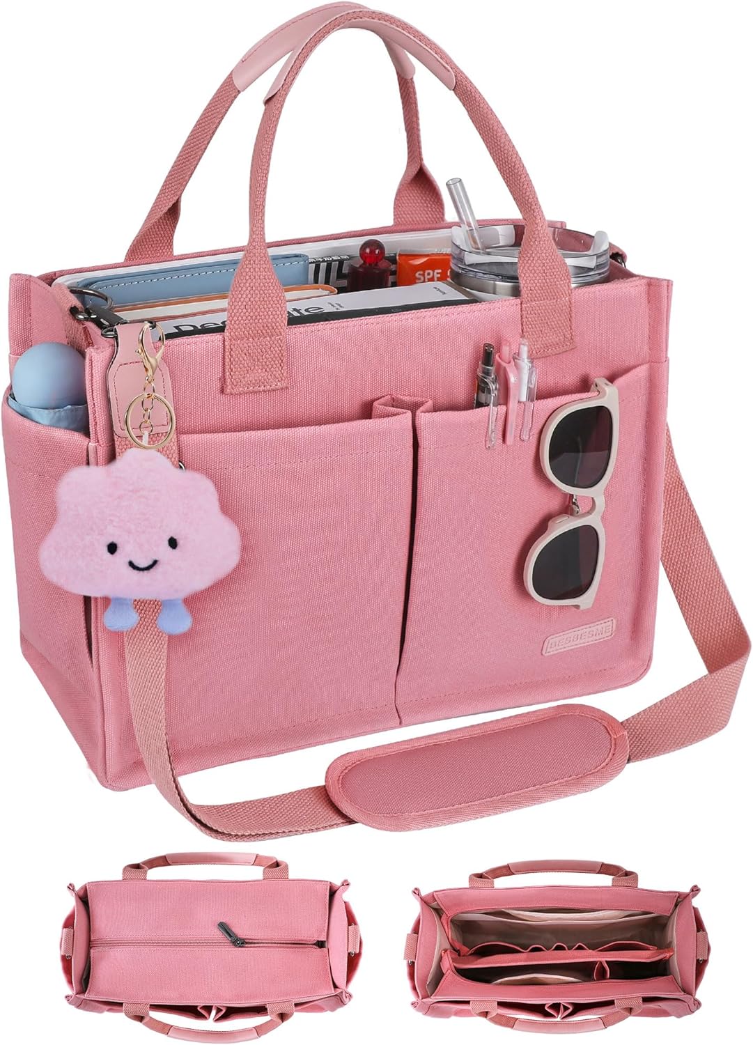 BESBESME Canvas Tote Bag for Women with Zipper & Compartments