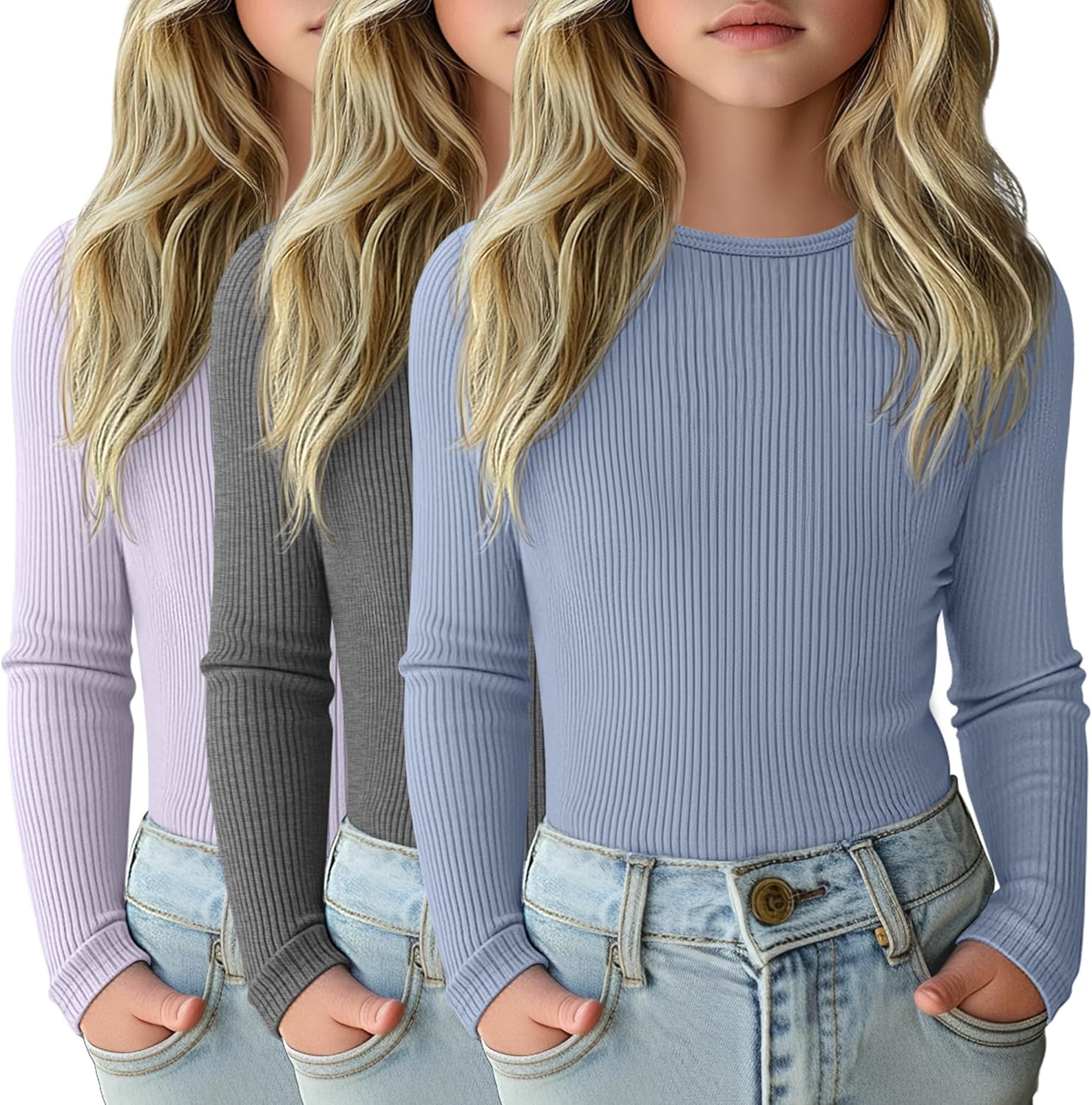 3 Pack Girls Long Sleeve Shirts for Casual Layering Tops