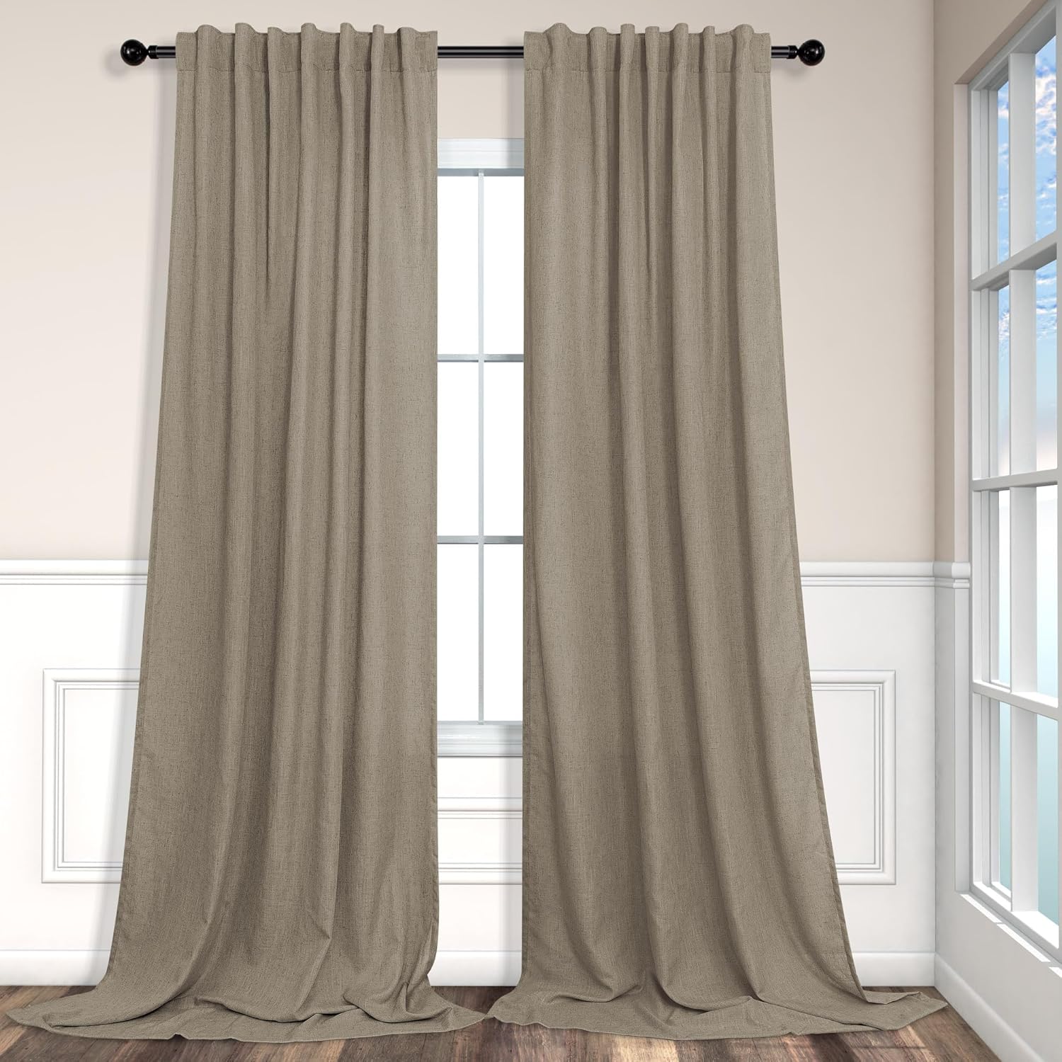 Extra Long Dark Taupe Linen Curtains 108 in for Living Room