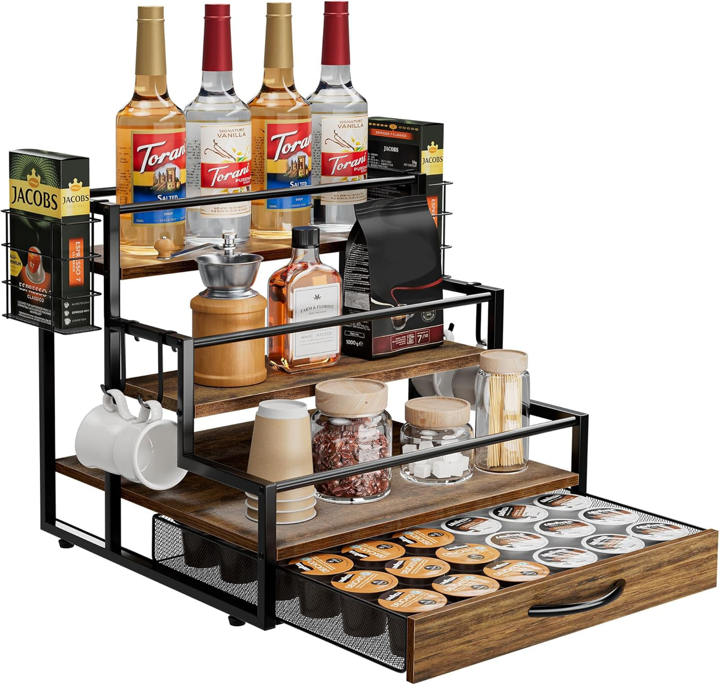 Coffee Syrup Organizer Rack with K Cup Storage for Coffee Bar
