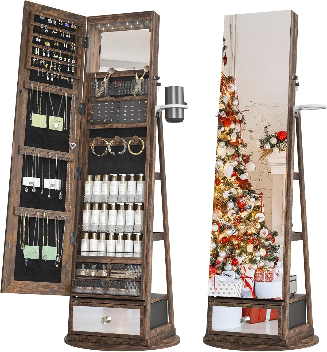 360 Swivel Jewelry Cabinet with Lights and Makeup Shelf in Coffee
