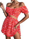 Womens 2 Piece Floral Off Shoulder Tie Up Crop Top and Mini Skirt Set