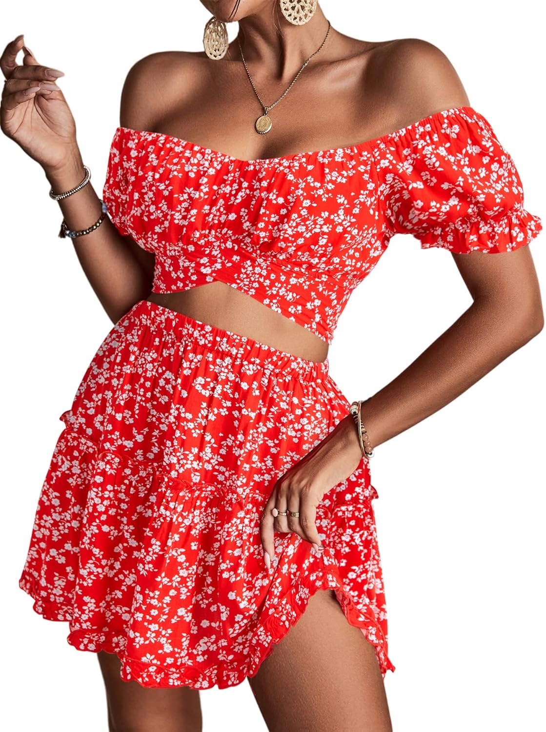 LYANER Women's Floral Off Shoulder Crop Top and Mini Skirt Set