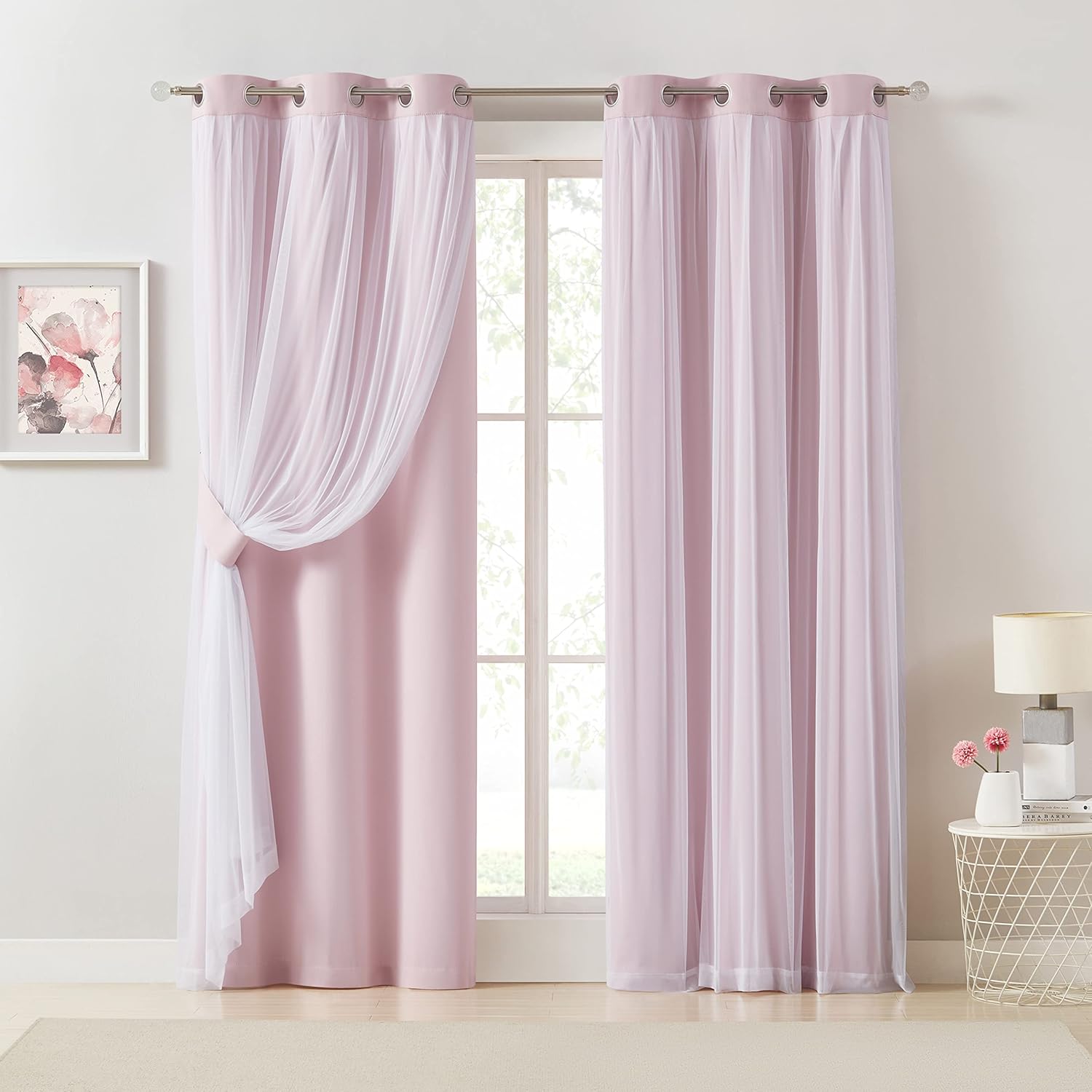 Bujasso Pink Blackout Curtains with Sheer Overlay for Girls Room