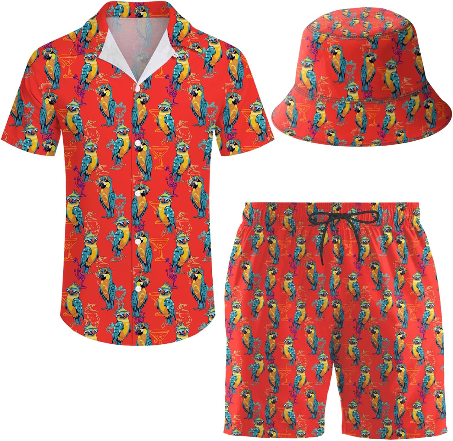 Men's 2 Piece Tracksuit Hawaiian Shirt and Shorts Set with Hat