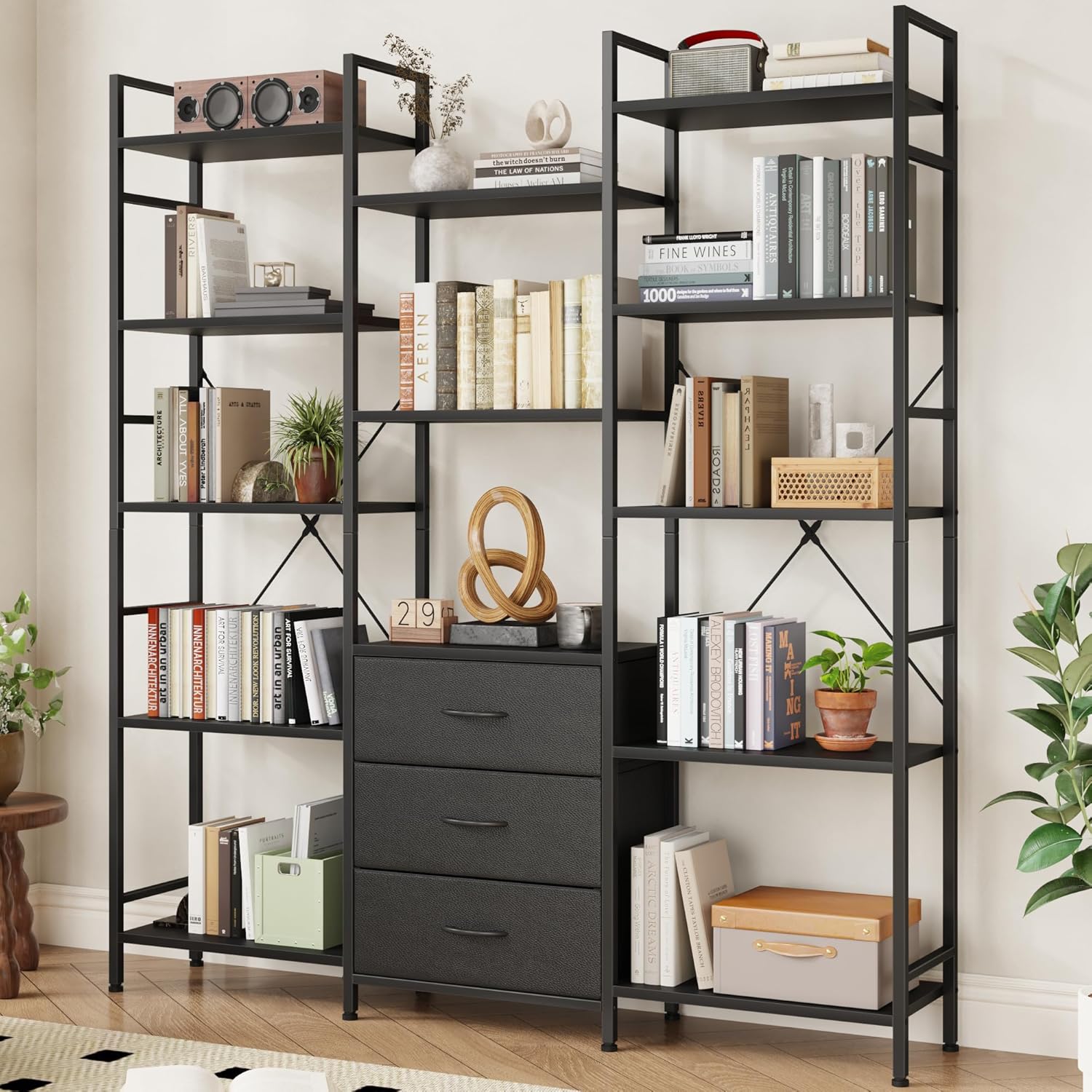 Triple Bookshelf with 3 Fabric Drawers for Home & Office