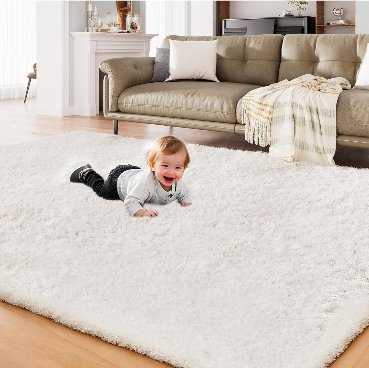 Shag Area Rugs for Living Room - 8X10 Fluffy White Carpet