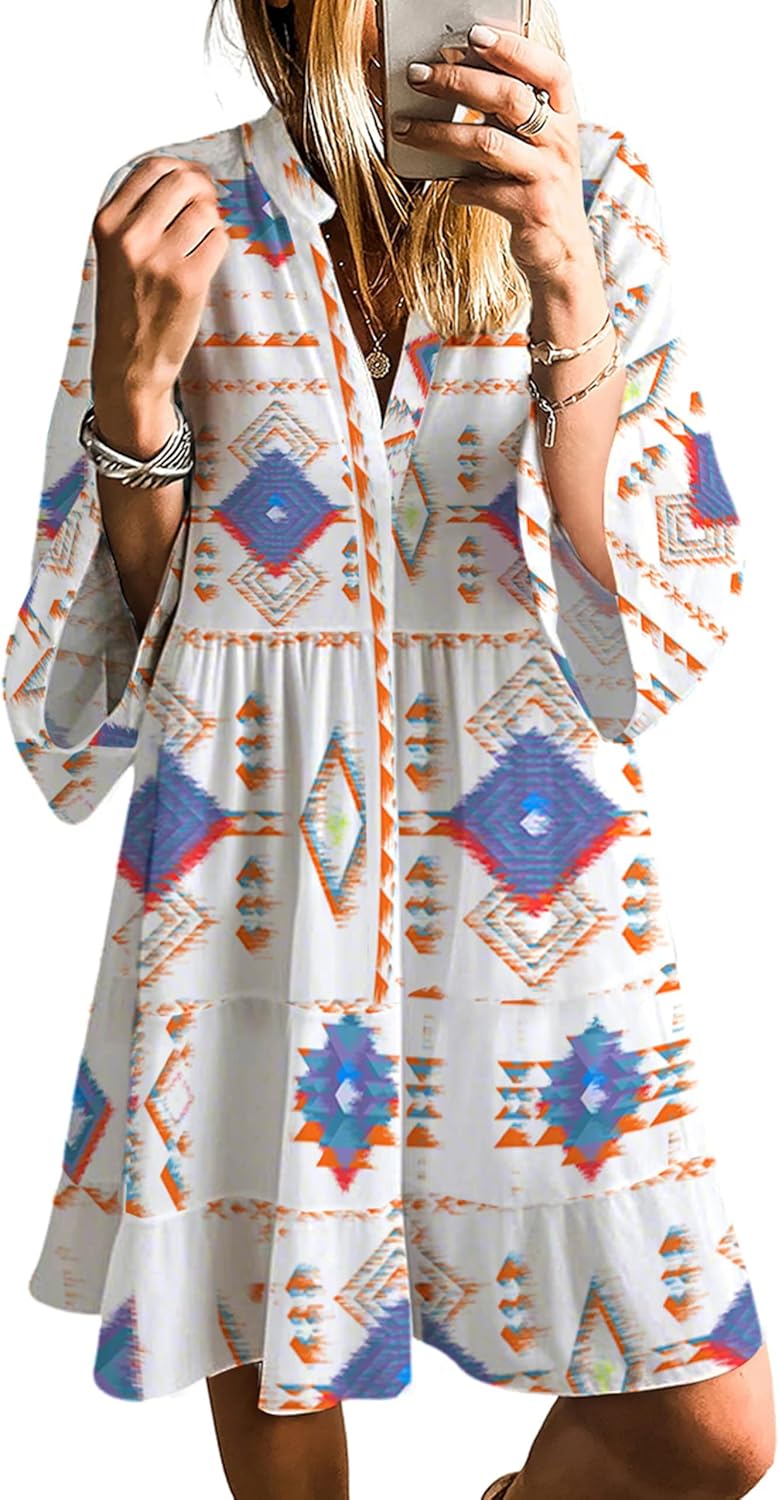 SELINK Womens Long Sleeve Casual V Neck Tribal Print Dress