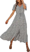 Floral Summer Maxi Dress V Neck Short Sleeve - Flowy Tiered Split