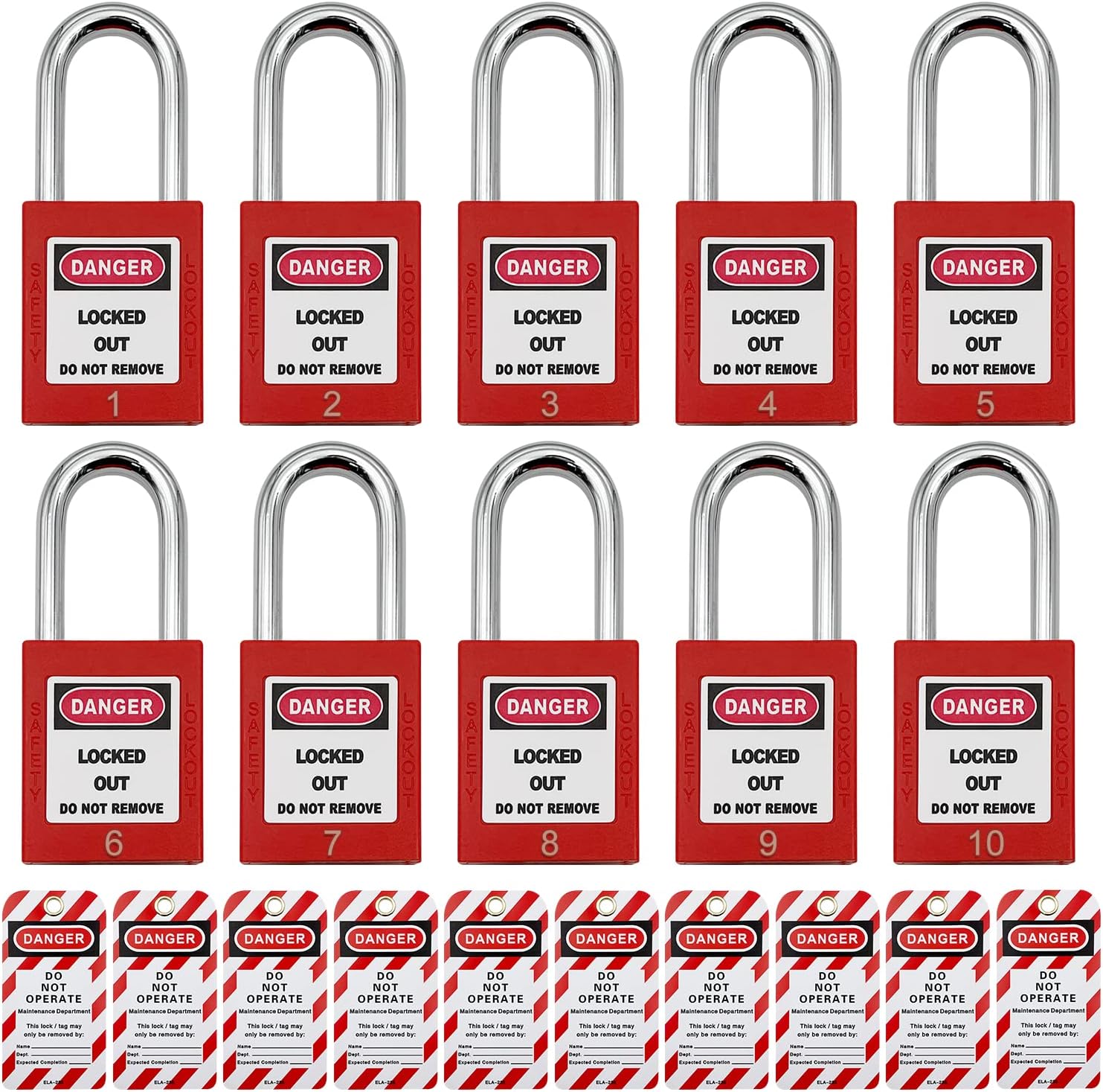 Lockout Tagout Locks for Safety - 10 pcs Keyed Differently Set